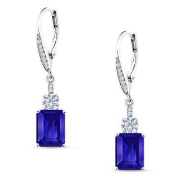 Emerald Cut Oblong Drop Dangle Leverback Earring Blue Sapphire CZ 925 Sterling Silver